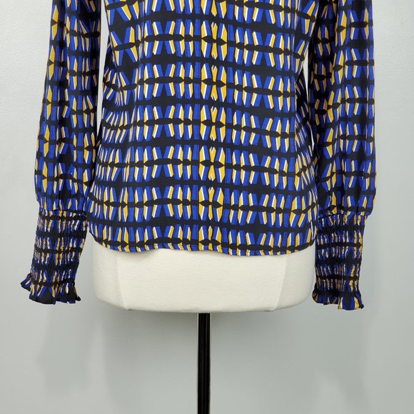 Rachel Zoe Contemporary Fit Geometric Print Ruffle Neck Top With Shirred Cuff M - Picture 9 of 11
